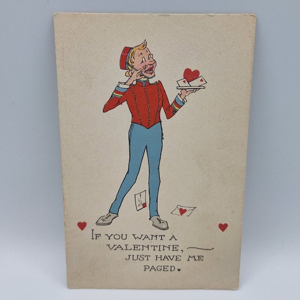 Vintage Valentine Postcard‎ Funny Bellboy Illustration USA Made Hearts Paged